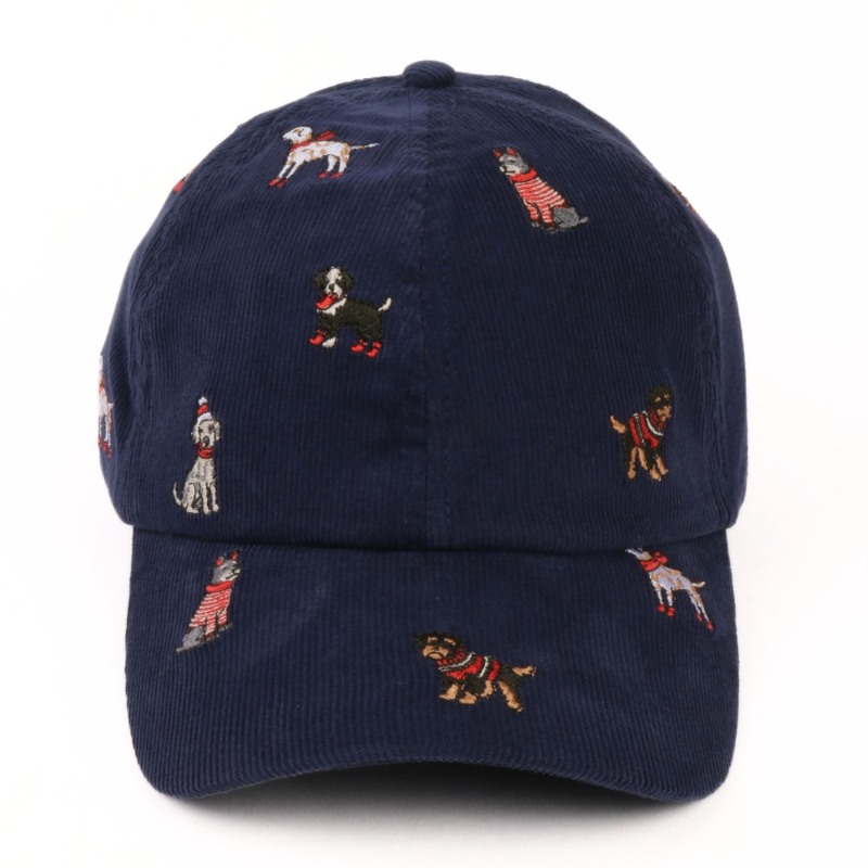 Christmas Dogs all over Embroidered Corduroy Cap - Navy