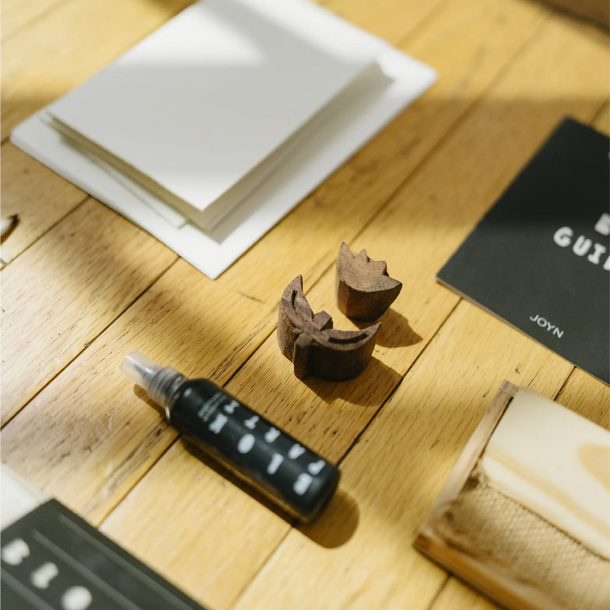 A small black bottle with a white applicator cap lies on a light wood tabletop, alongside two small brown leaf-shaped pieces and a black card that reads JOYN. The scene is styled with natural sunlight and shadows, suggesting a product setup or craft kit.