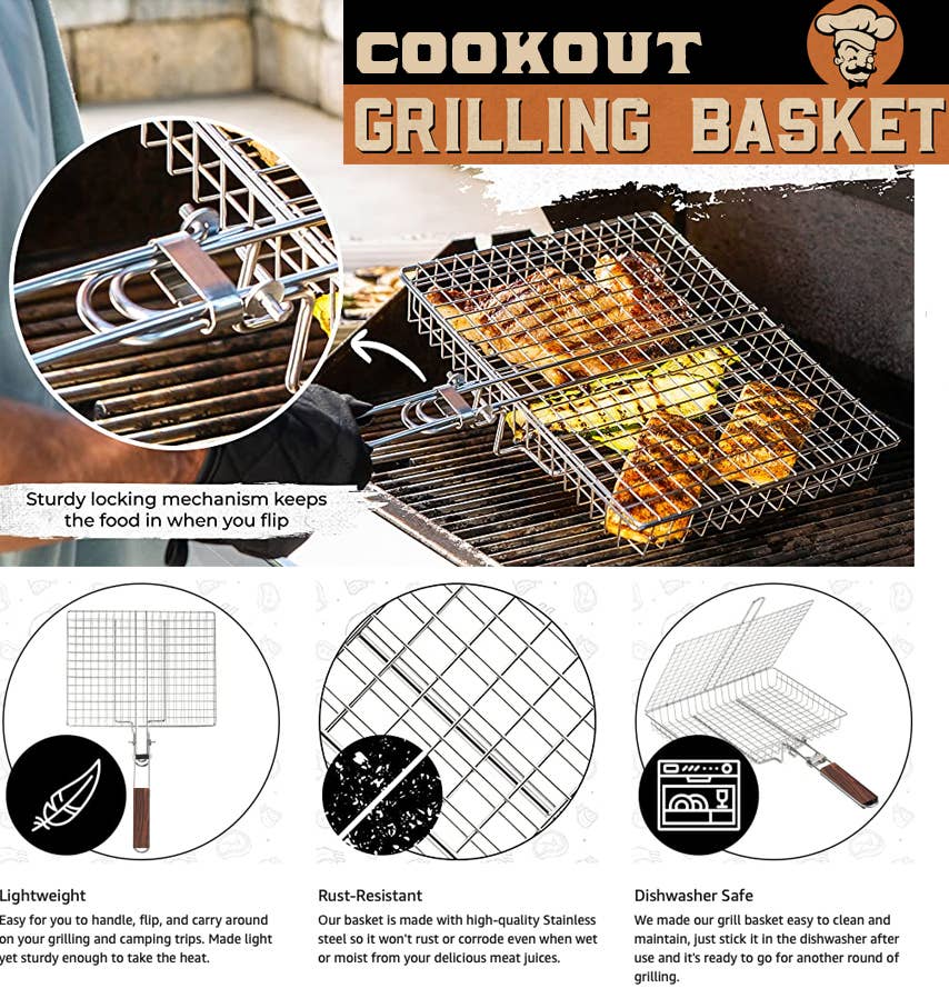 Cookout Grilling Basket with grill basket on a grill, showing food being cooked.