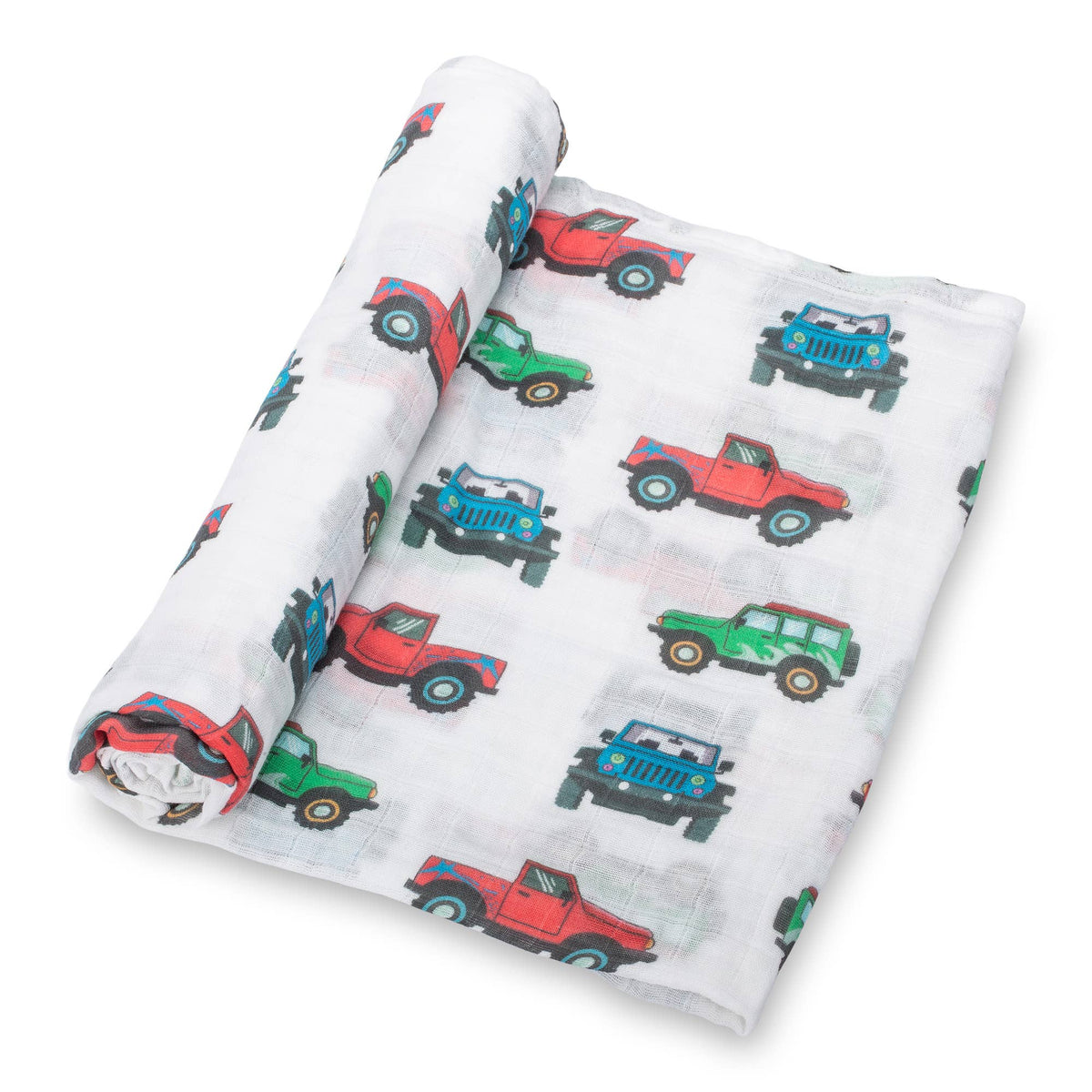 swaddle blanket with toy car pattern on a white background