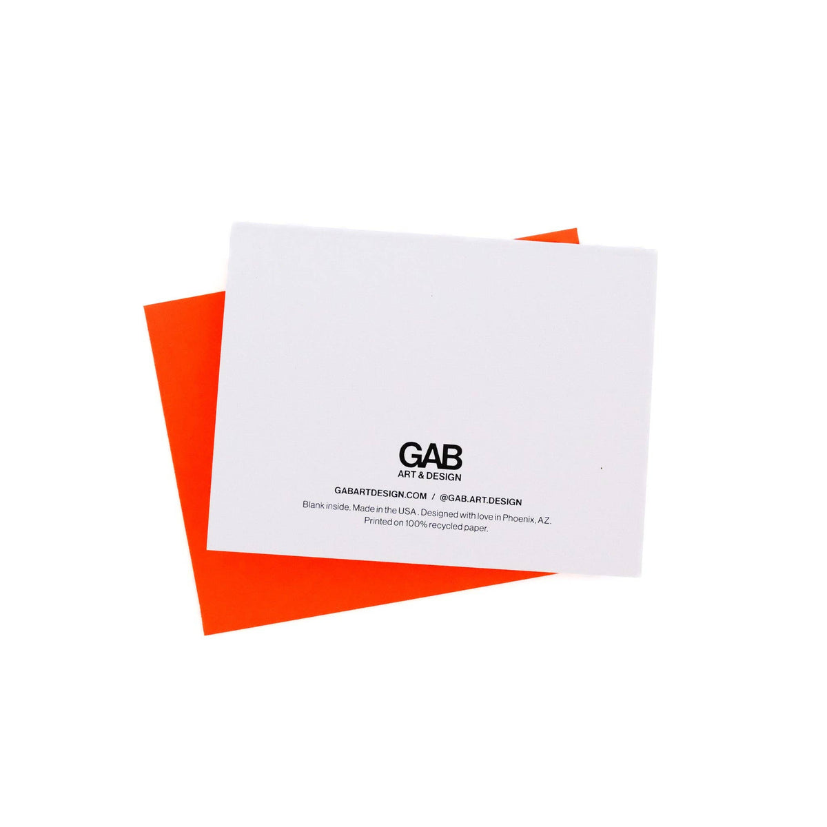 A white square art calendar card with black text reading 'GAB ART CALENDAR' and smaller website text, layered over a bright orange square on a white background.