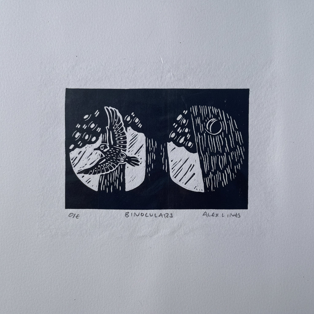 3"x4" mini linocut print - imagine the beautiful view out of your brand new binoculars. See the world with fresh eyes. 