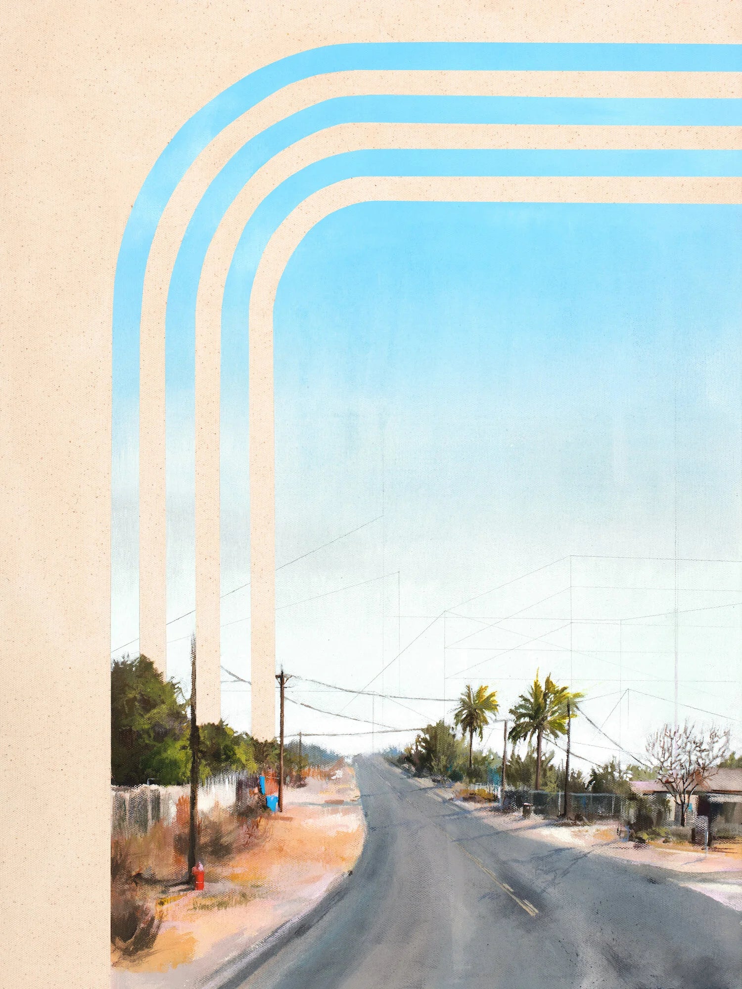 a small town scene with a asphalt road leading the viewers eyes to the horizon. 