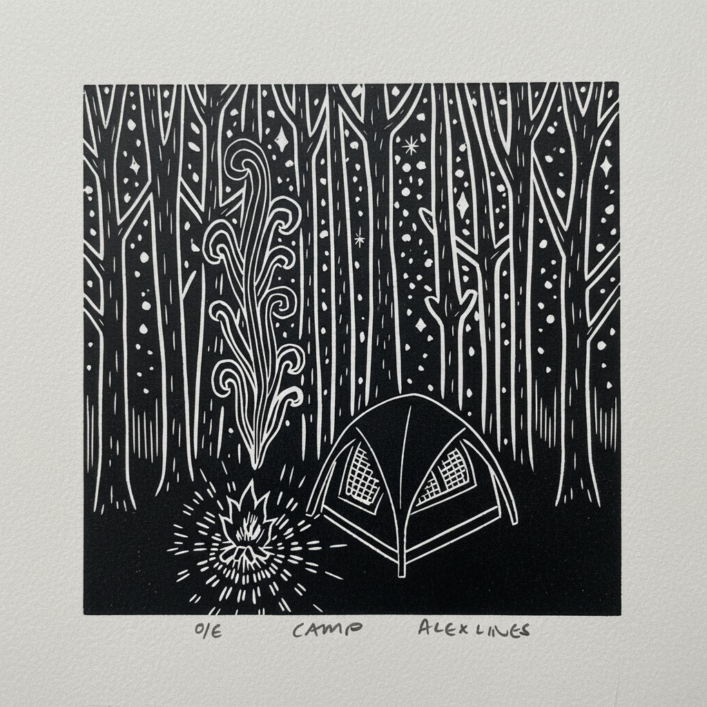 Escape to the great outdoors with this charming linocut mini print! Hand-carved details capture the cozy essence of campfire nights, towering pines, and starlit skies. Perfect for cabin walls, RV decor, or anyone who dreams of sleeping under the stars. This pint-sized artwork brings wilderness wanderlust to any space—ideal for nature lovers, camping enthusiasts, and adventure seekers who want a daily reminder that the best memories are made in hiking boots.