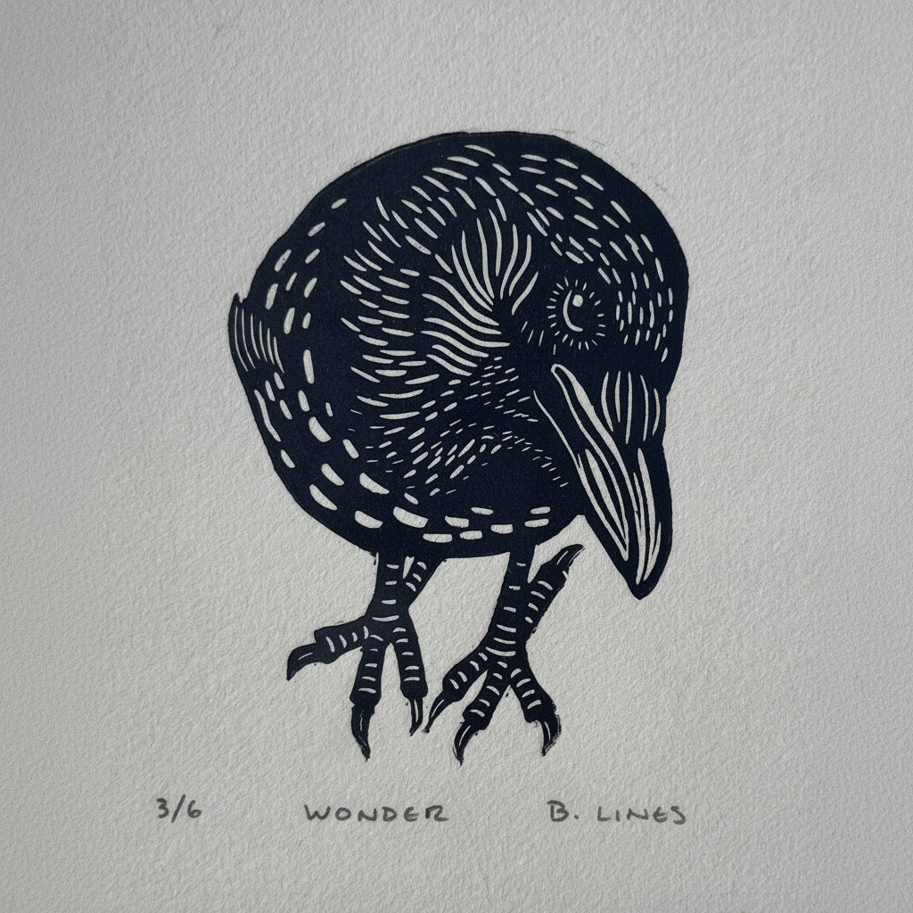This charming linocut print captures a delightful moment of avian curiosity. Hand-carved with meticulous detail, each impression showcases the distinctive character of traditional linocut artistry—bold lines, striking contrast, and genuine personality. Perfect for bird lovers, art enthusiasts, or anyone seeking a conversation-starting piece with genuine artistic soul. Display it in your home office, gallery wall, or gift it to someone who appreciates handmade creativity. Every print tells