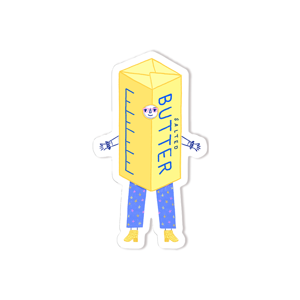 A butter stick with a face, arms and legs. 