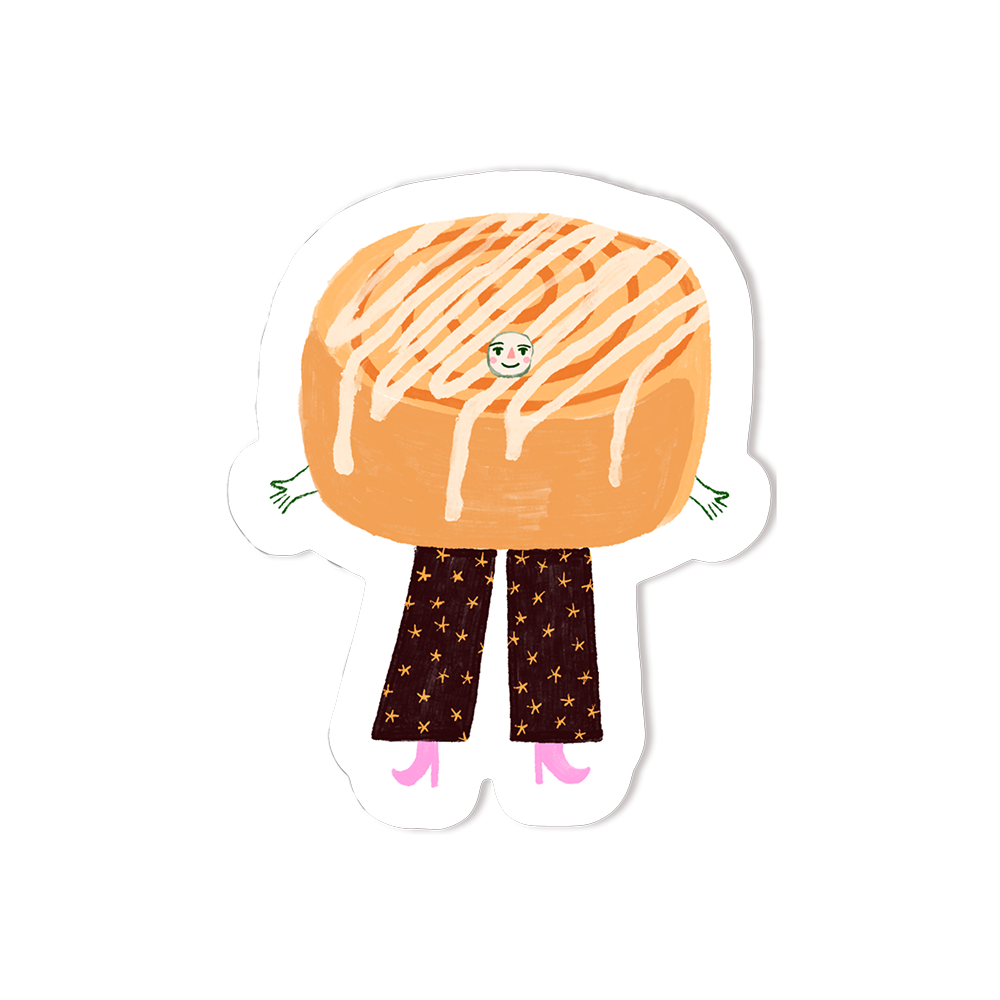 A frosted cinnamon roll with a face, arms and legs. 
