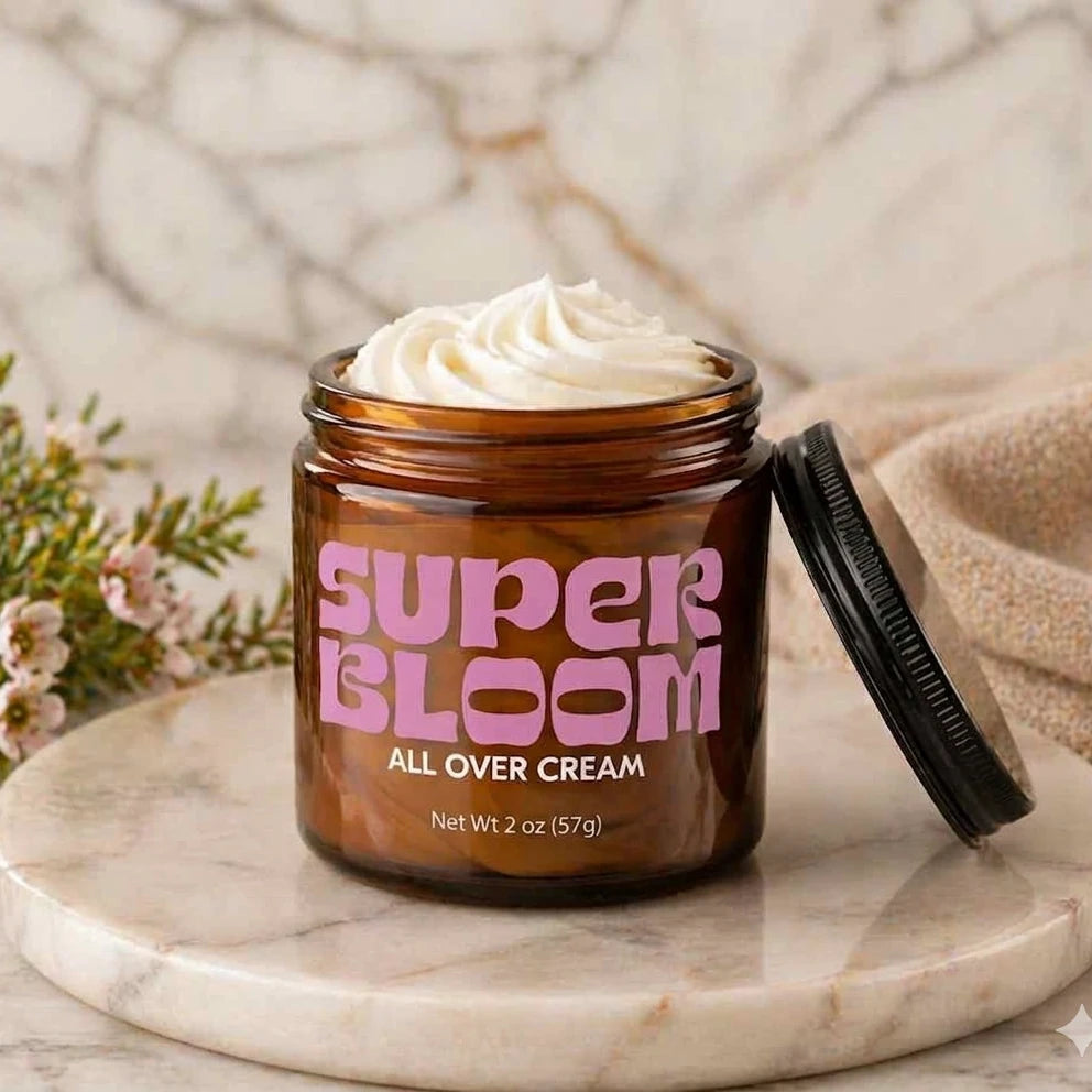 Amber glass jar with a light purple lettered label, black tin lid, and swirled tallow inside. 