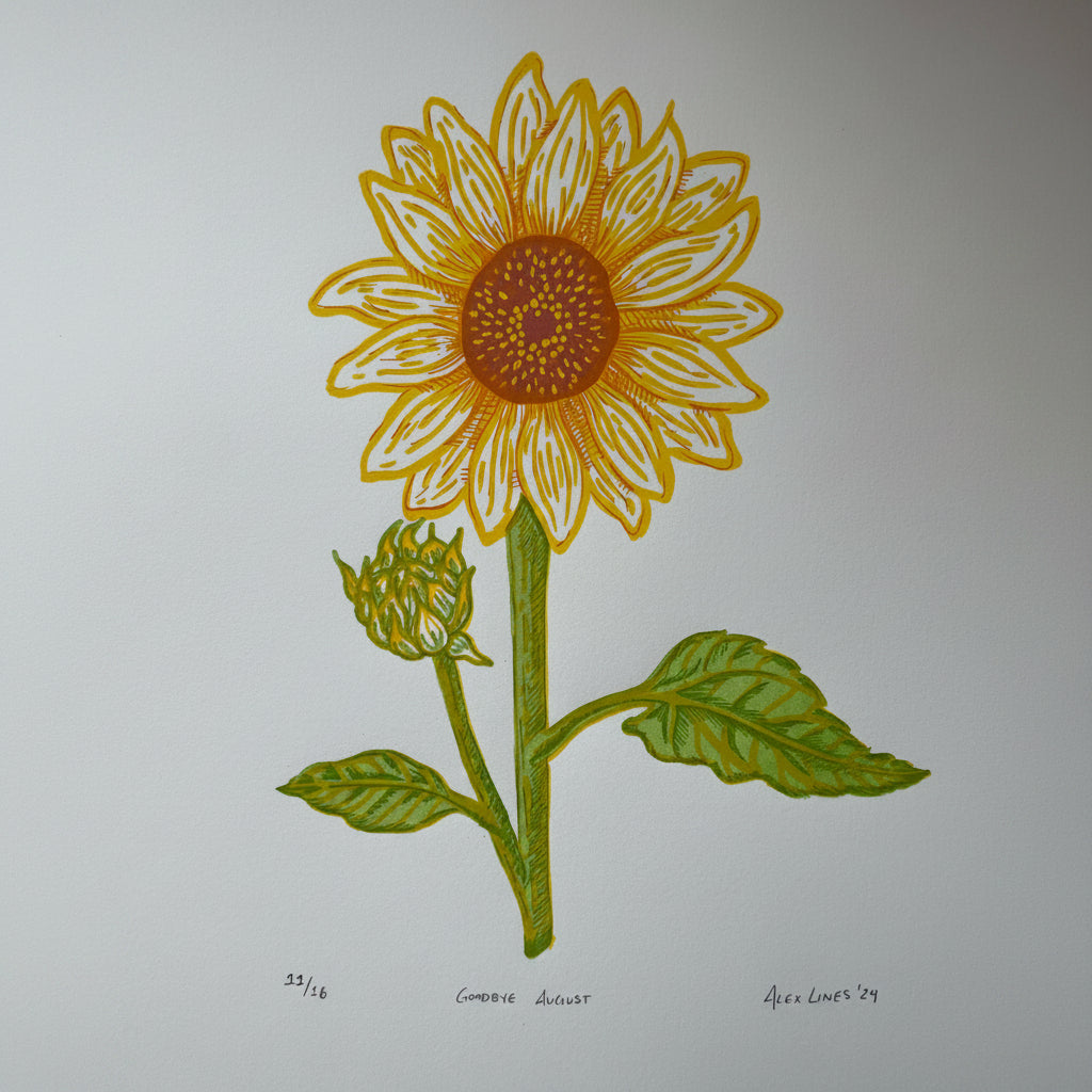 A vibrant 11x14 linocut print capturing the warmth of a cheerful sunflower. Hand-carved and printed with care, this piece brings natural beauty and sunny charm to any space. Perfect for adding a touch of botanical elegance to your home or as a thoughtful gift for nature lovers.