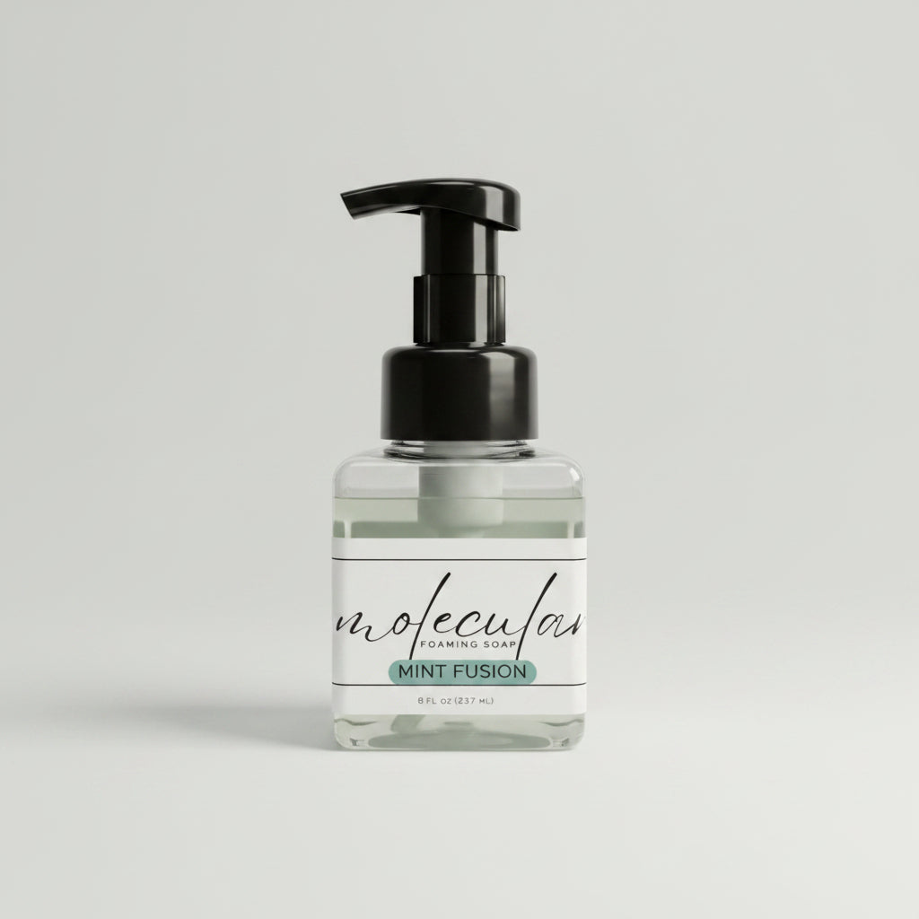 Square plastic bottle with black pump and white minimalistic label. 