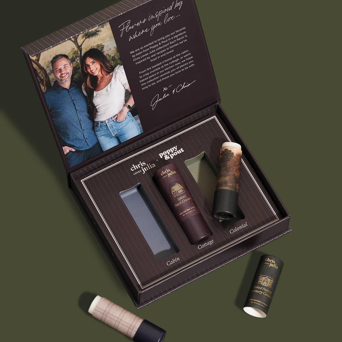This lip balm gift set features 3 lip balms with flavors inspired by where you live: Blackberry Campfire S'mores, Spiced Peach Crumble, and Baked Pears &amp; Rosemary Caramel. It also includes custom matching recipes cards from Chris Cooks, making this the perfect house warming gift or realtor gift!