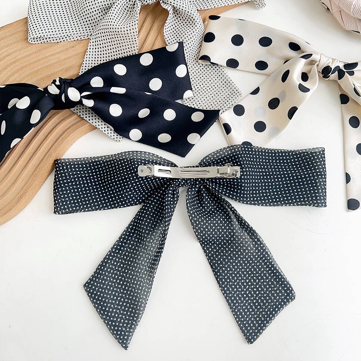 Polka Dot Ribbon Bow French Barrette Clip - Mini Black Dots