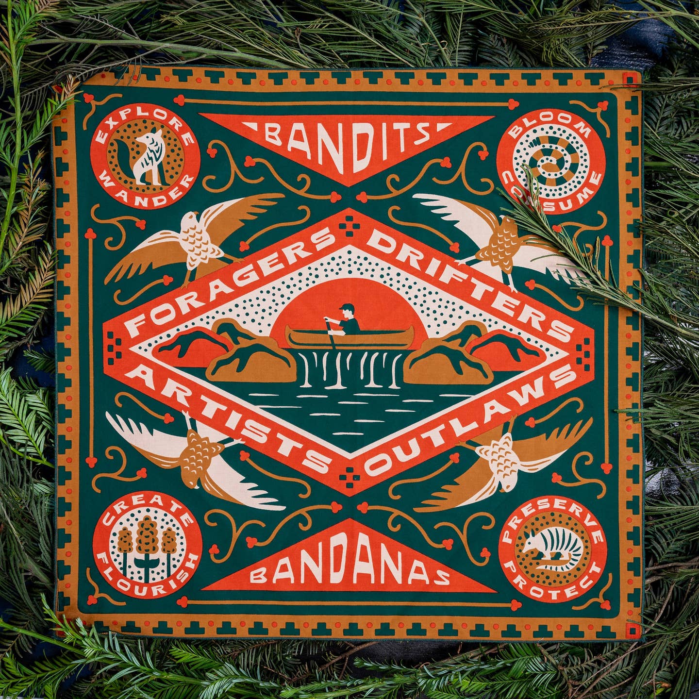Sam's bandana is inspired by his experiences enjoying the local geography in his hometown of Austin, Texas. Specifically, Sam pays homage to kayaking the "Greenbelt" with friends. The "Greenbelt" refers to the local 12-mile system of hiking trails, waterways, limestone cliffs, and springs around Barton Creek in Austin, including the famous Barton Springs natural swimming pool.

Artist: Sam (Austin, Texas)
