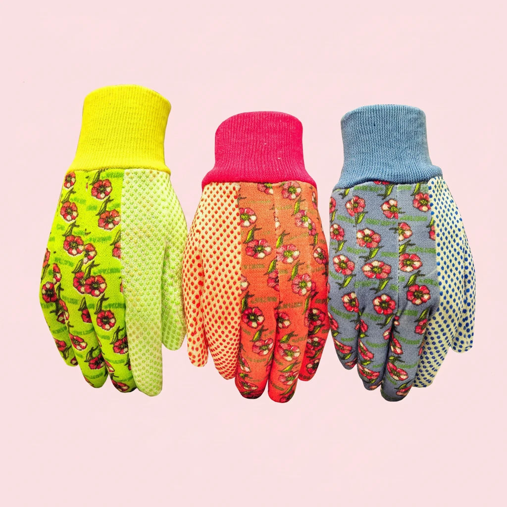 Gardening is more enjoyable when your hands are comfortable and protected. These women's garden gloves wrap your hands in soft, breathable cotton jersey that feels gentle against your skin while you work. The cheerful floral print brings a touch of joy to your gardening routine, and you can choose from three bright color options to express your personal style. The secure knit wrist keeps soil and debris out, so you stay clean and focused on what you love. PVC grip dots give you confidence handling tools.