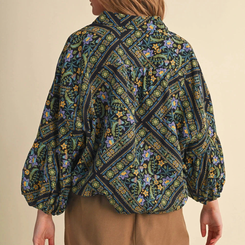 Dark Floral Bubble Sleeve Top