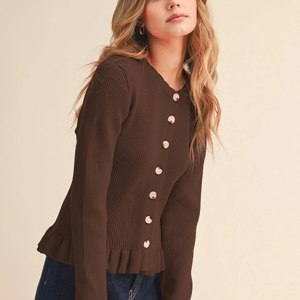 Ruffle Hem Ribbed Knit Sweater Cardigan