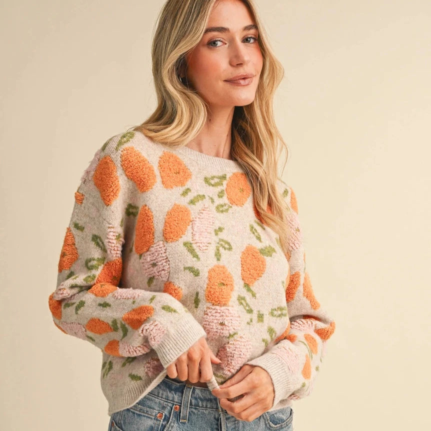 Fuzzy Texture Floral Knit Sweater