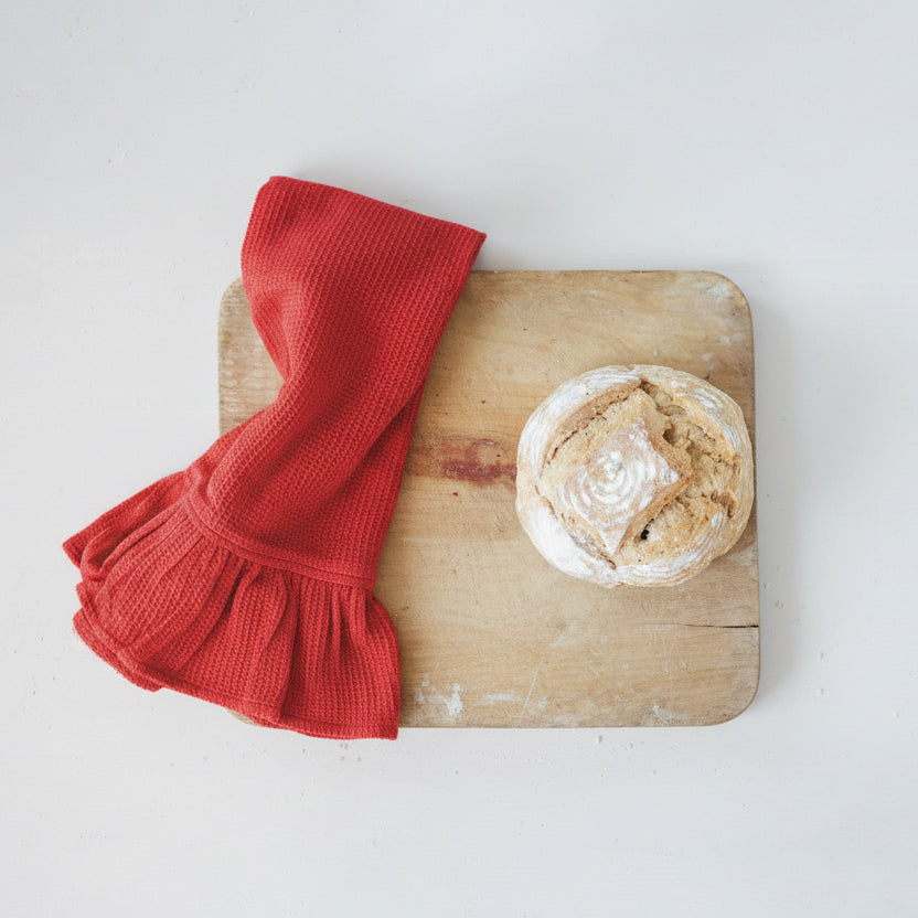 Ruffled Waffle Weave Tea Towel - Red