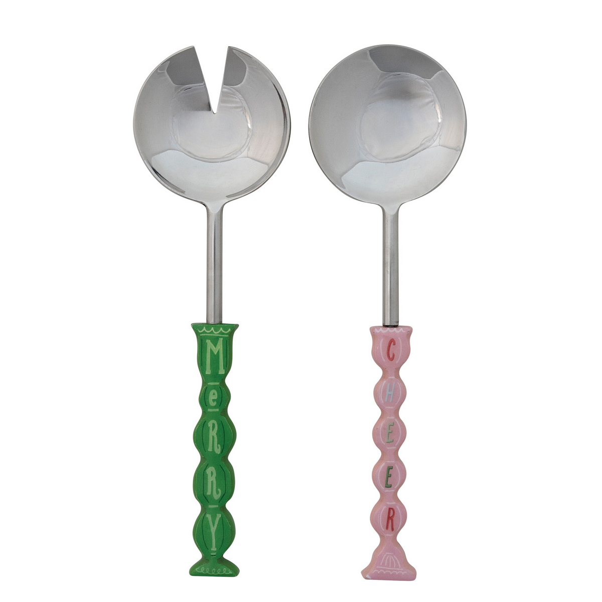 Bring joy and festive charm to your holiday table with this delightful 2-piece Merry &amp; Cheer enamel salad server set. Crafted with colorful handles and cheerful holiday words, it is the perfect touch to make every shared meal feel extra special and welcoming.