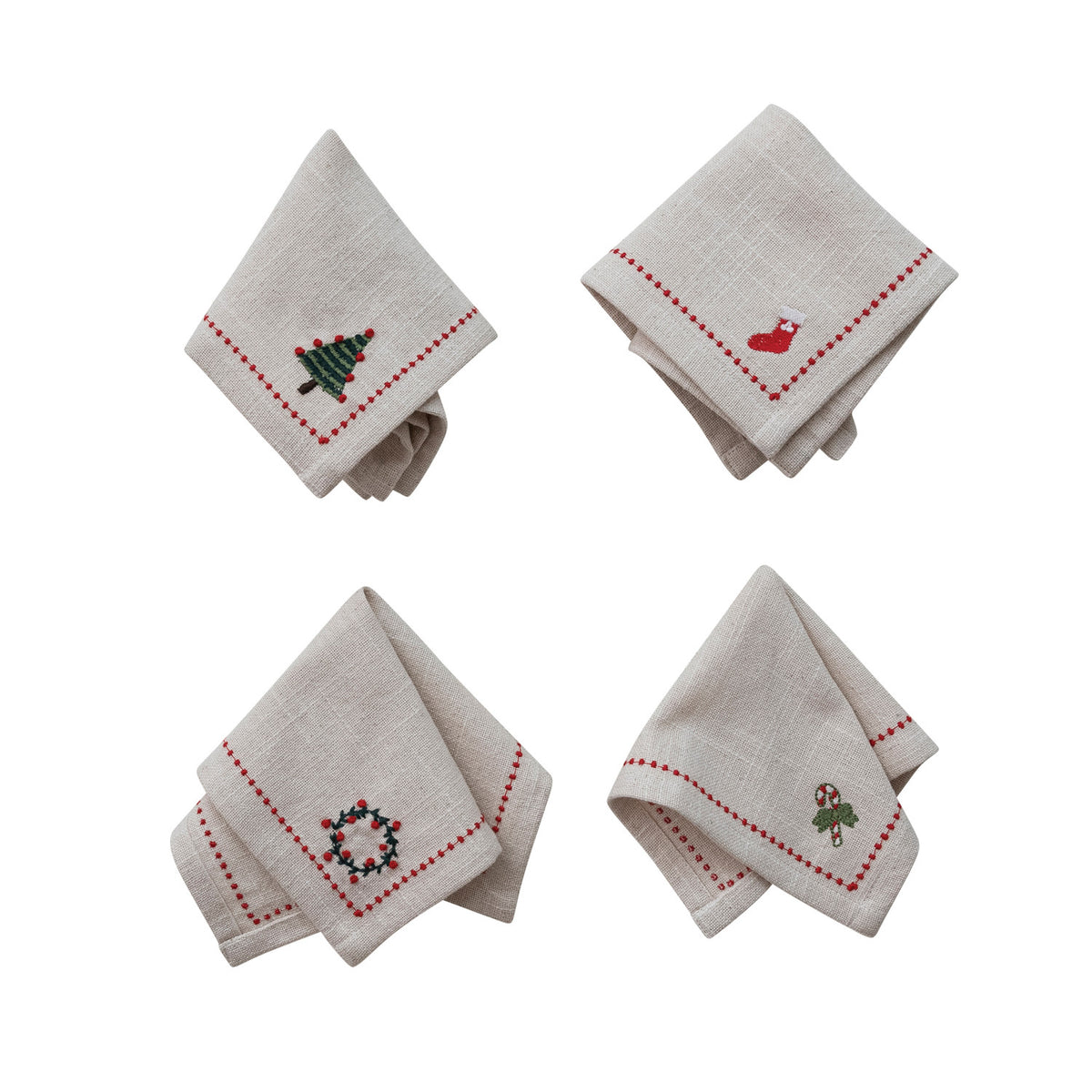 Elevate your holiday gatherings with our Merry Motif Cocktail Napkins. Softly woven from quality cotton and detailed with charming border stitching, this set of four brings a cozy, festive touch to every toast and celebratory bite.