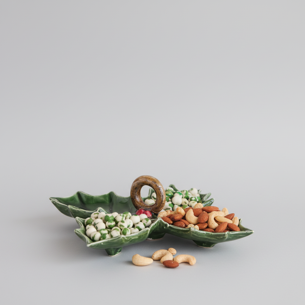 Green ceramic dish shaped like a holly leaf with snacks on a wooden surface.