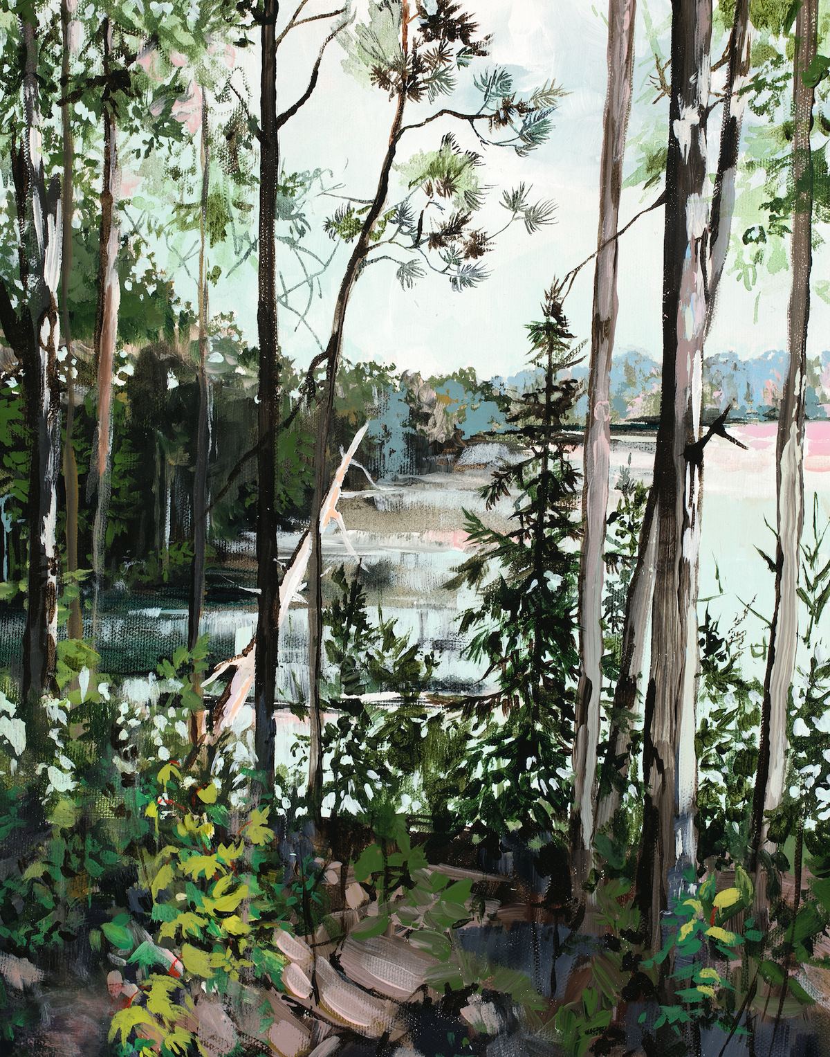 deep greens create a view through trees and shrubs to a light blue lake. 