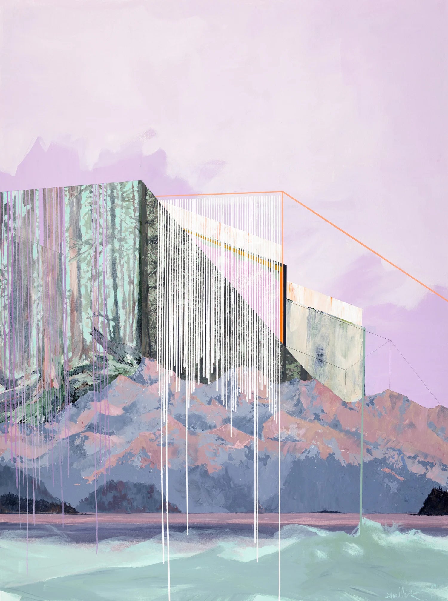 purple mountains with light blue lake and abstract block of trees. 