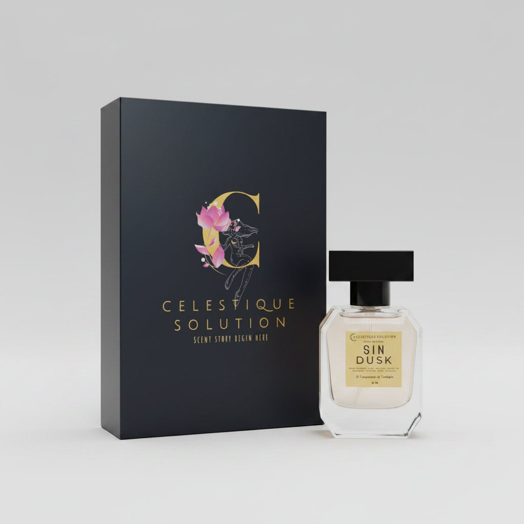Perfume bottle labeled 'Sin Dusk' by Celestique Solution on a wooden surface.