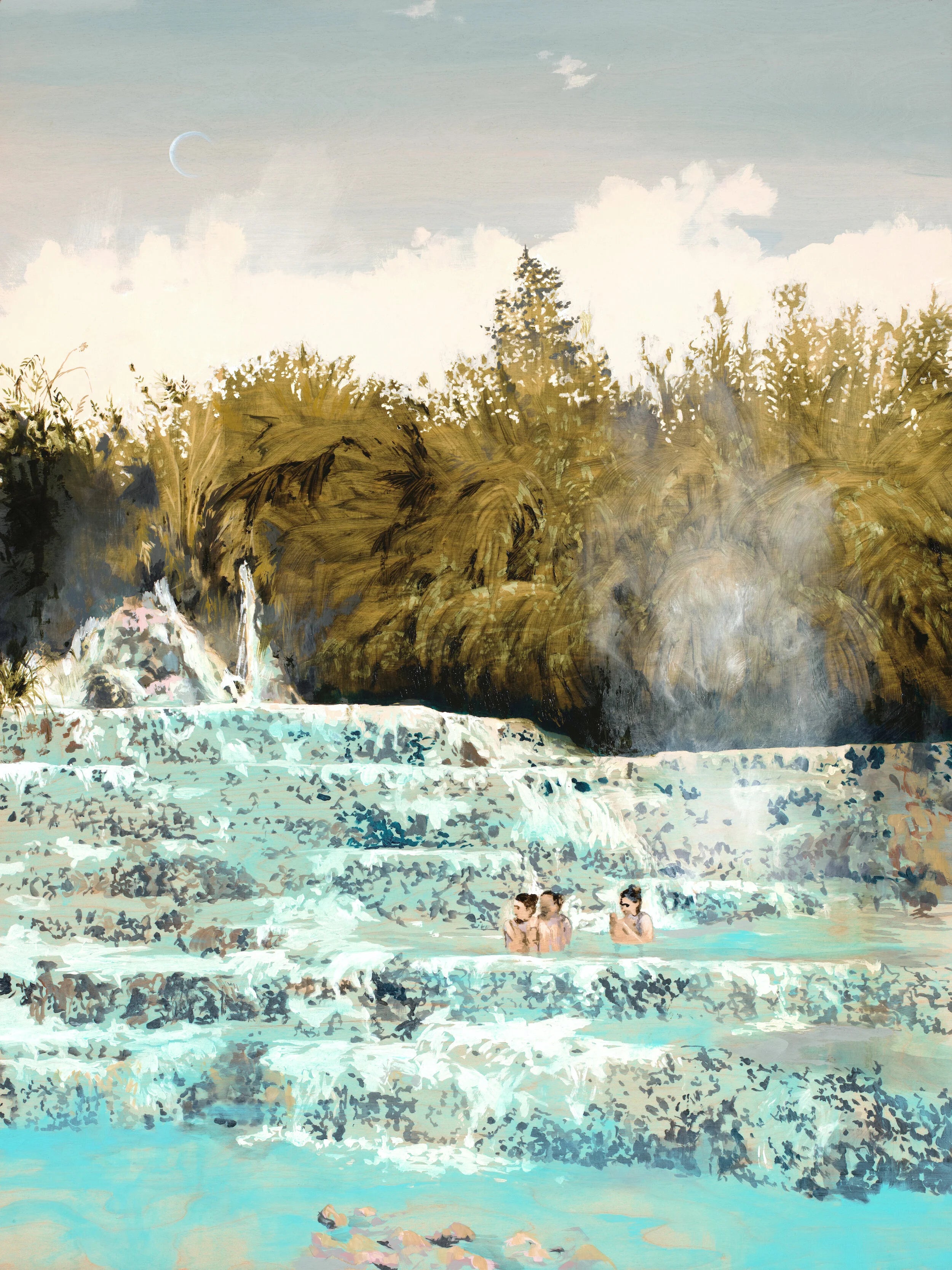 bright blue hot springs with 3 tiny female figures standing in the steaming water. Olive green vegetation in background. 