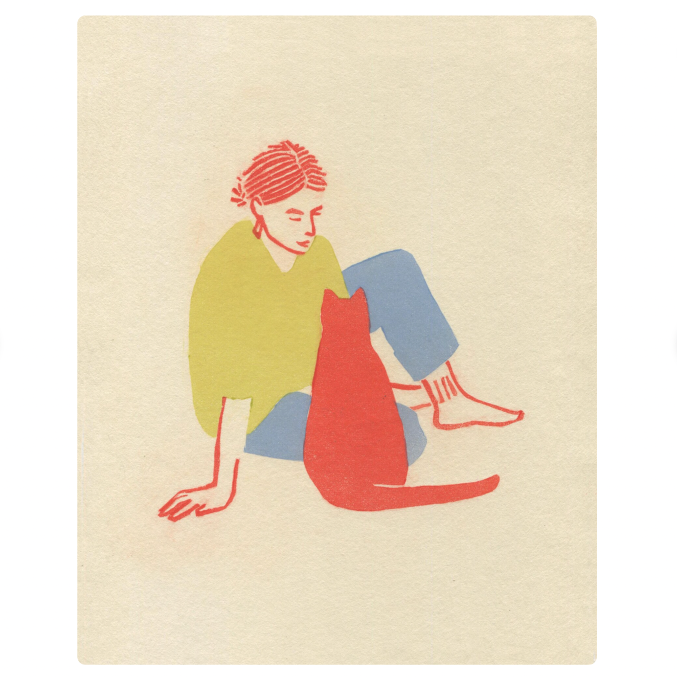 Illustration of a person sitting with a red cat on a beige background