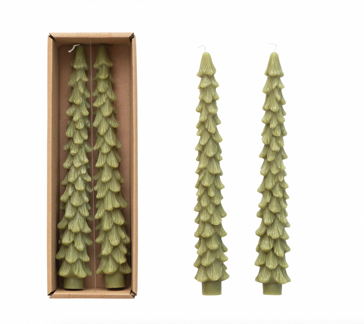 Set of tall green candles shaped like evergreen trees, one outside the box and one inside.