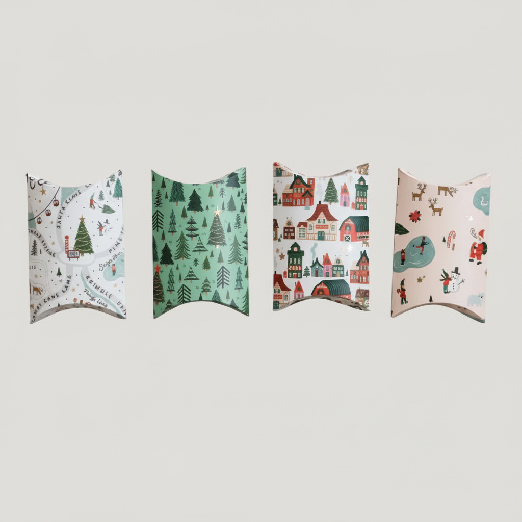 Four decorative gift boxes with wavy edges, each featuring a different winter-themed pattern including Christmas trees, houses, reindeer, and Santa Claus, arranged on a solid pale pink background.