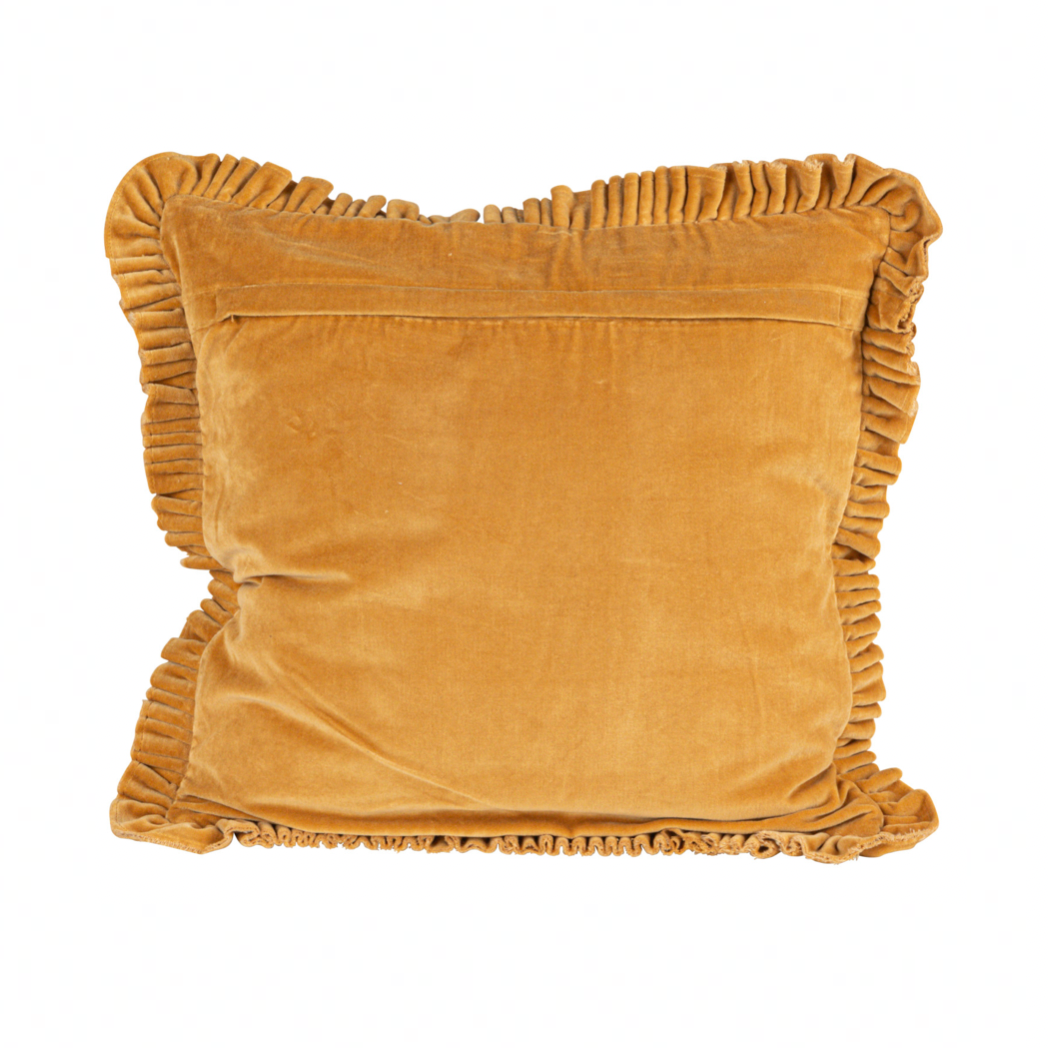 back of Square Cotton Velvet Pillow w/ Ruffled Trim - Mustard.
