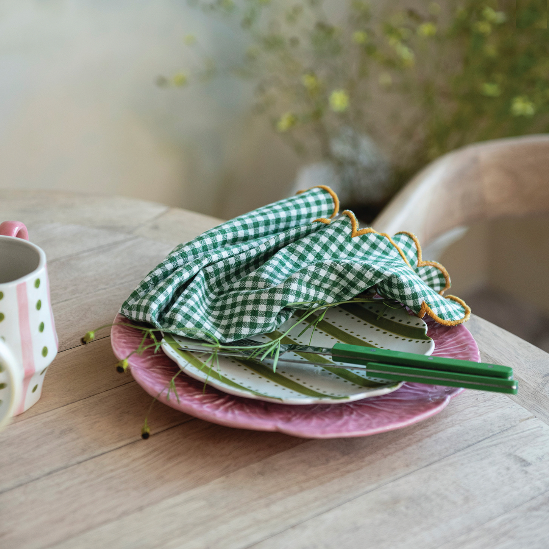 Cotton Scalloped Green Checkered Napkins - Set of 4