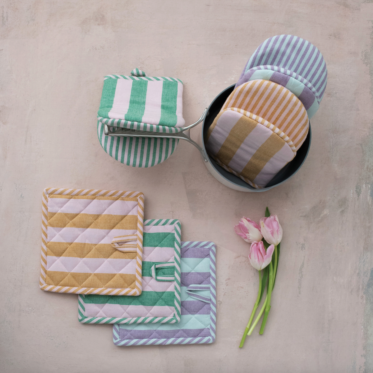 Woven Cotton Striped Oven Mitts