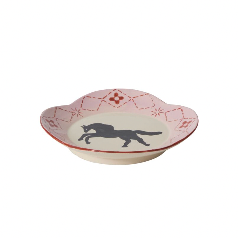 Ceramic good luck plate with horse design on a white background