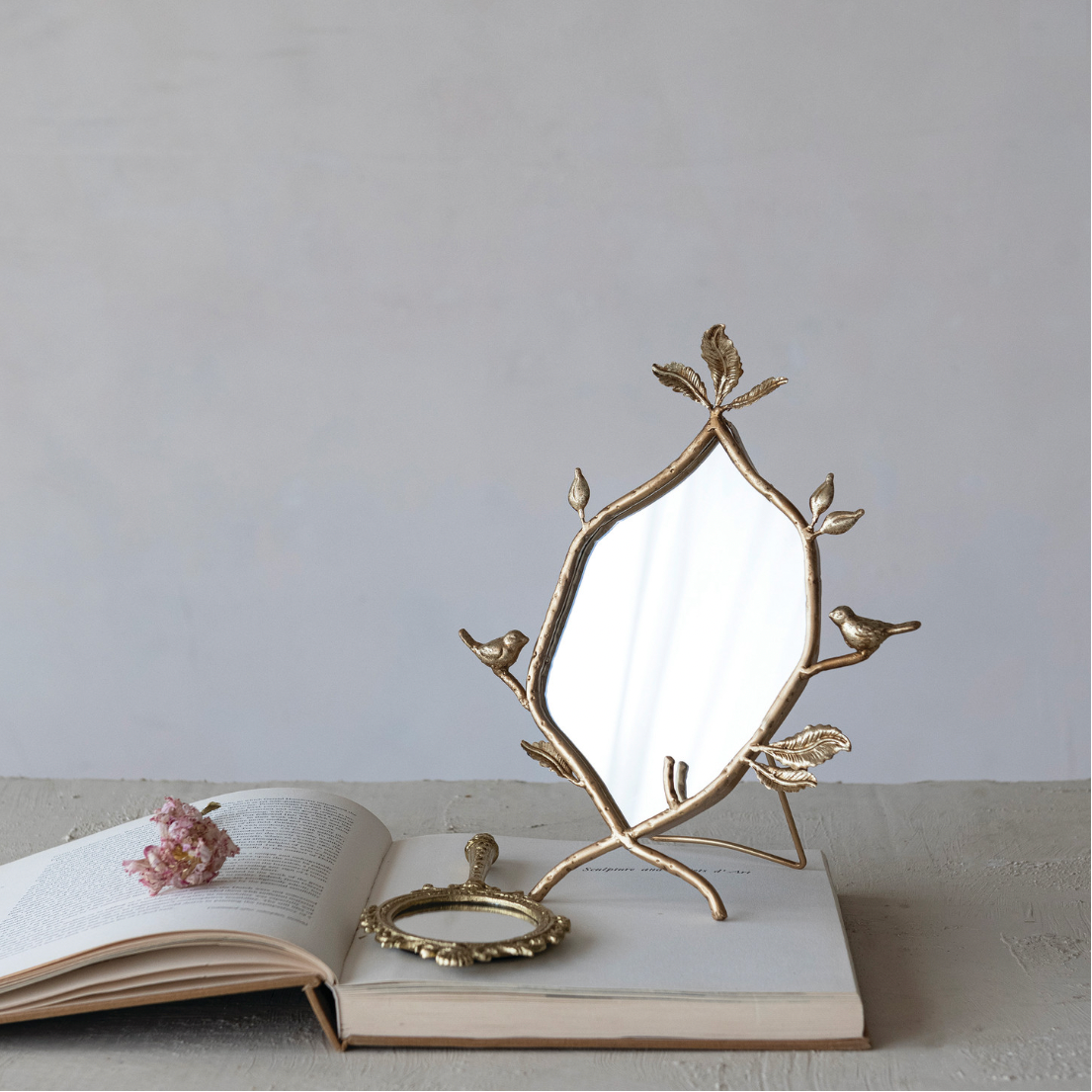 Twig Framed Standing Mirror with Birds & Leaves - Gold Finish