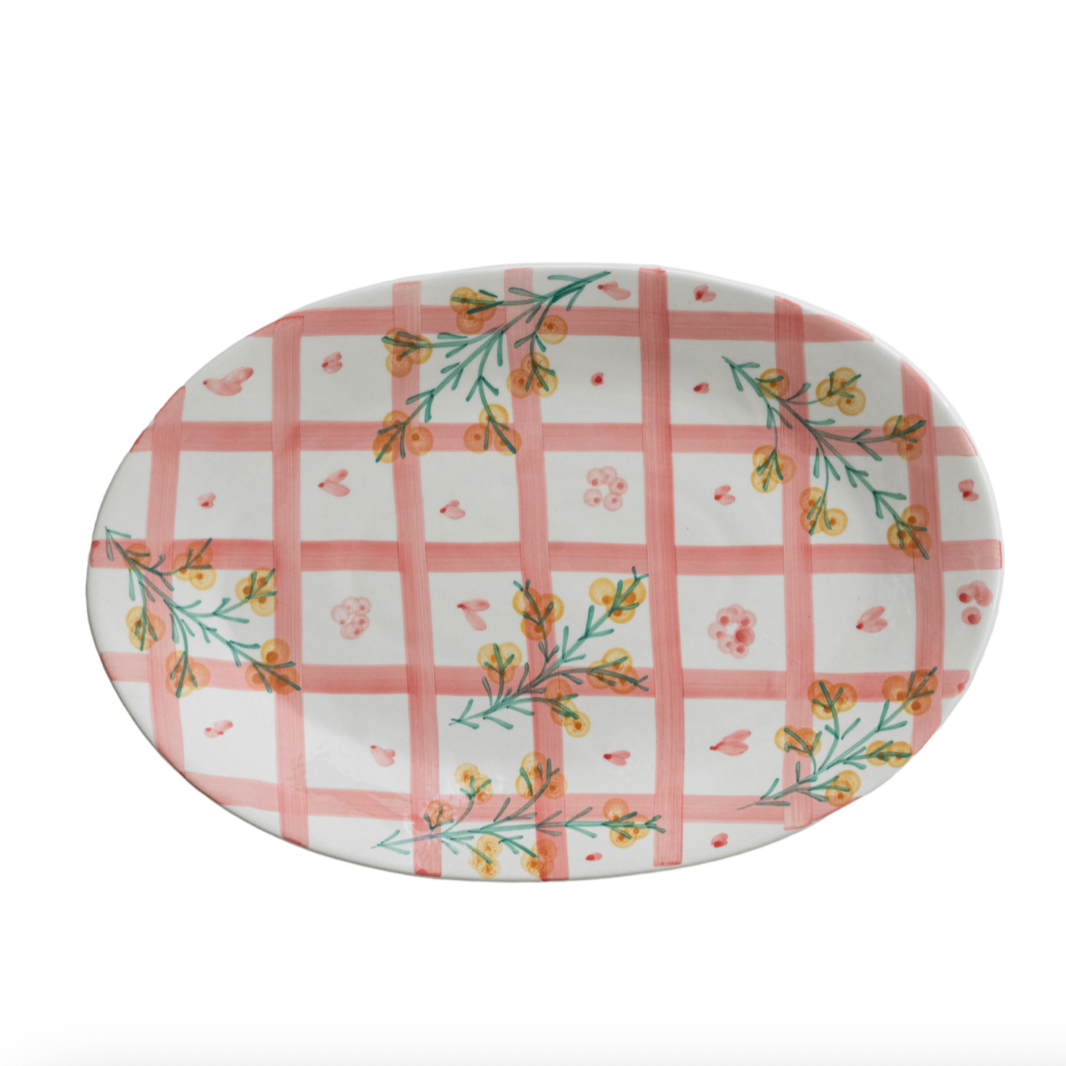 Hand-Painted Stoneware Platter with Grid Pattern & Botanicals