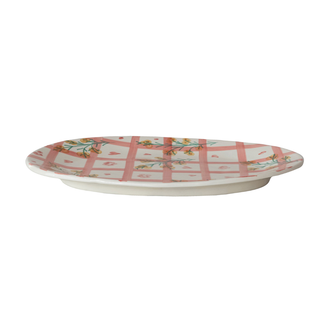 Hand-Painted Stoneware Platter with Grid Pattern & Botanicals