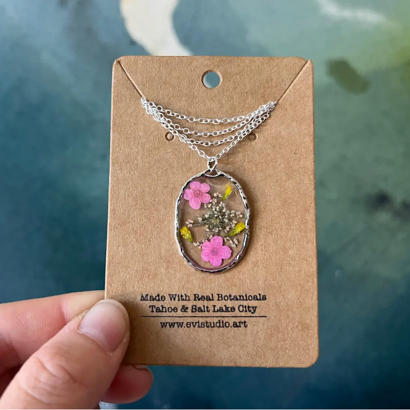 Botanical Necklace - Silver Oval. pressed pink & yellow flowers