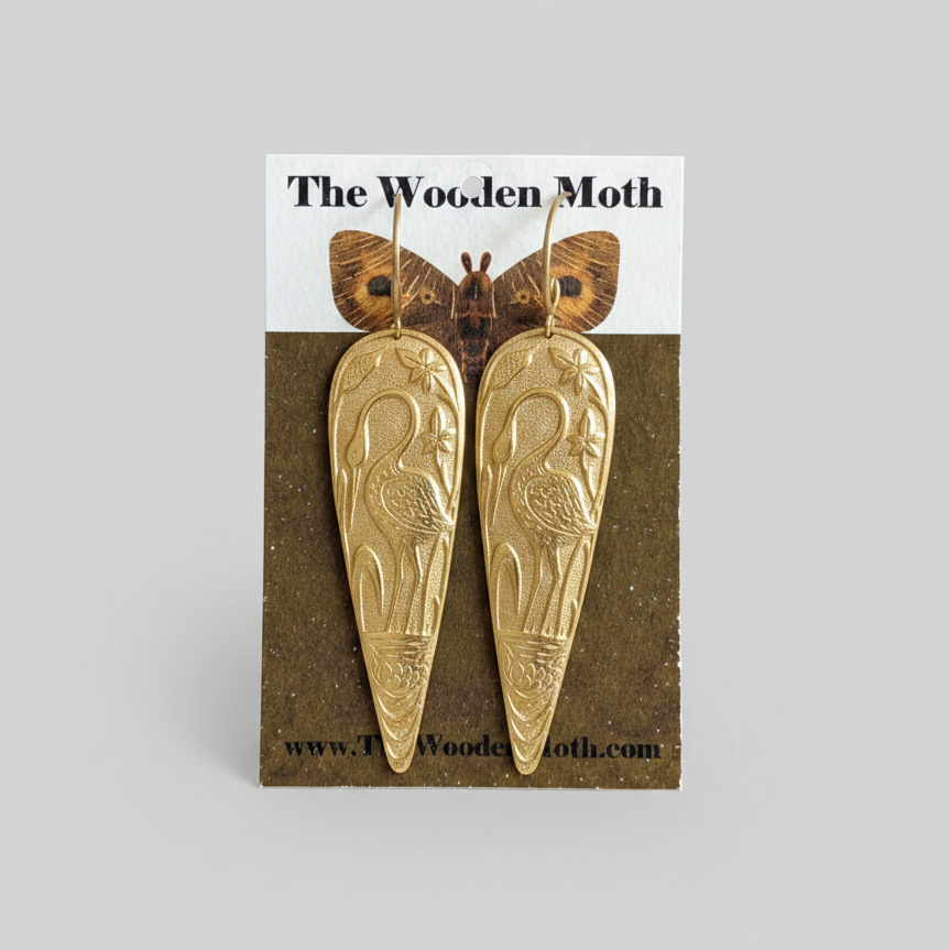 The Wooden Moth Brass Earrings Long Crane