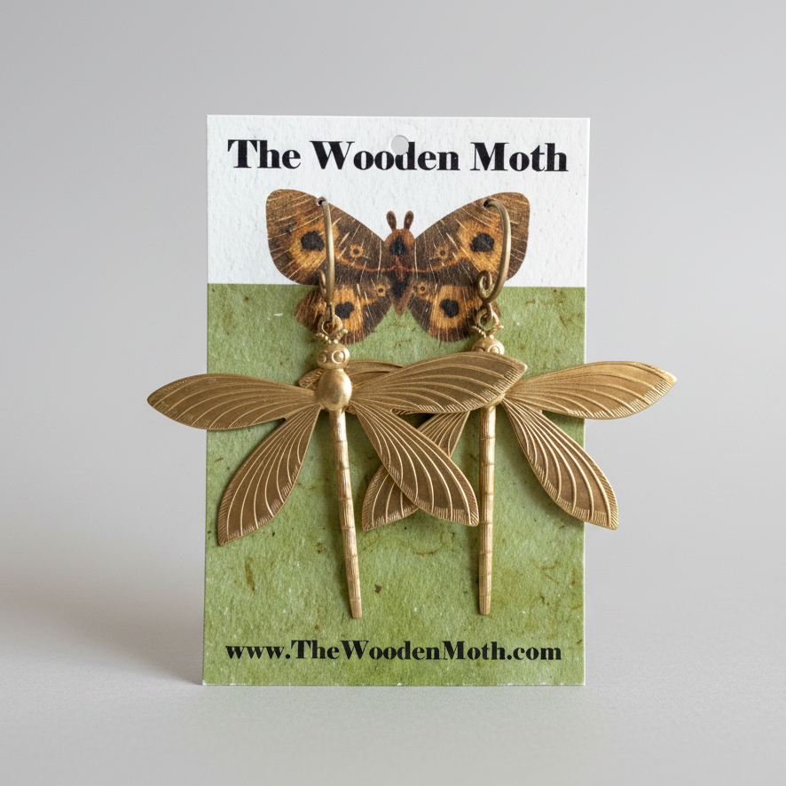 The Wooden Moth Brass Earrings Large Dragonfly