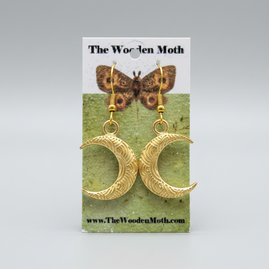 The Wooden Moth Brass Earrings Large Gold Moon
