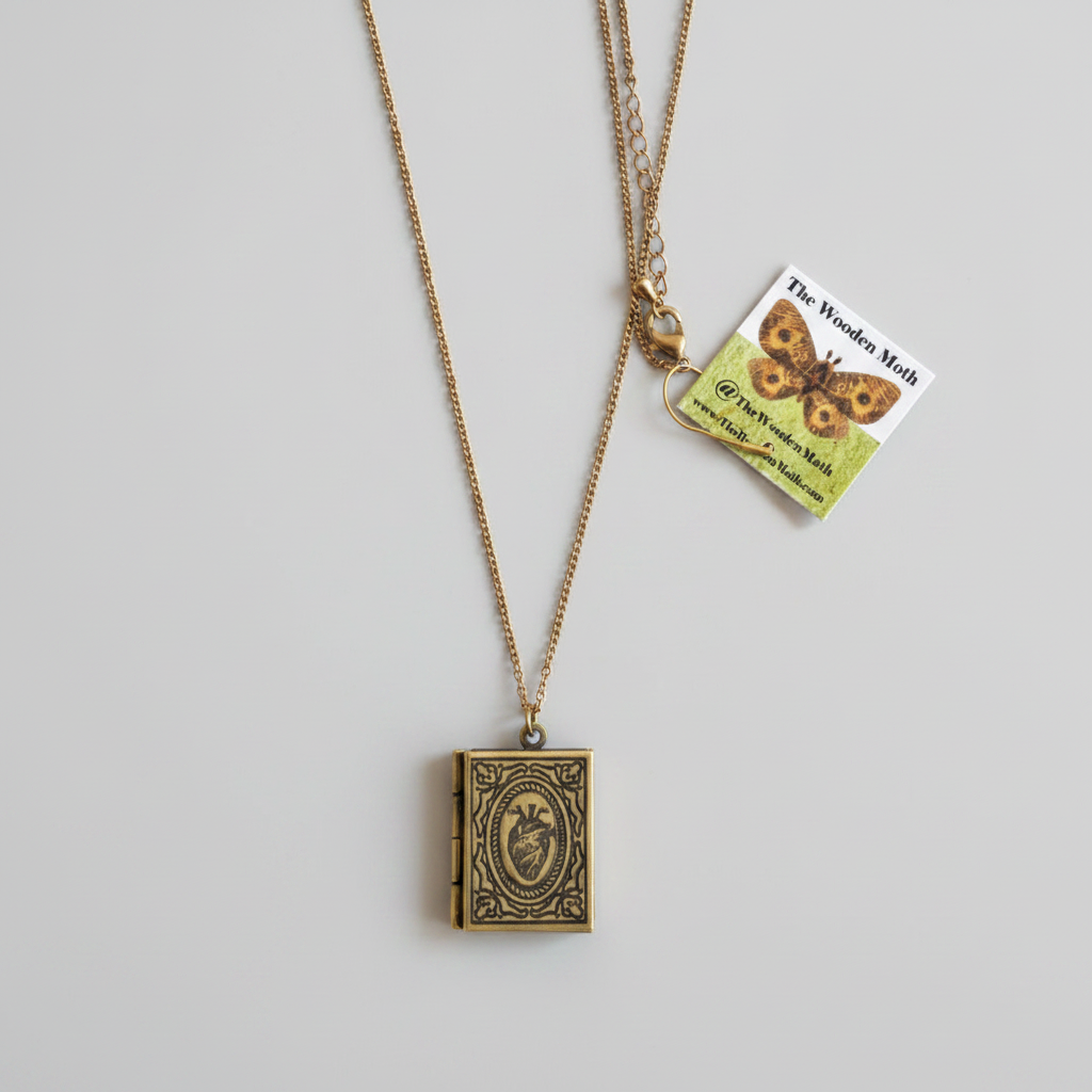 Engraved Brass Locket W/Chain Large Book With Anatomical Heart