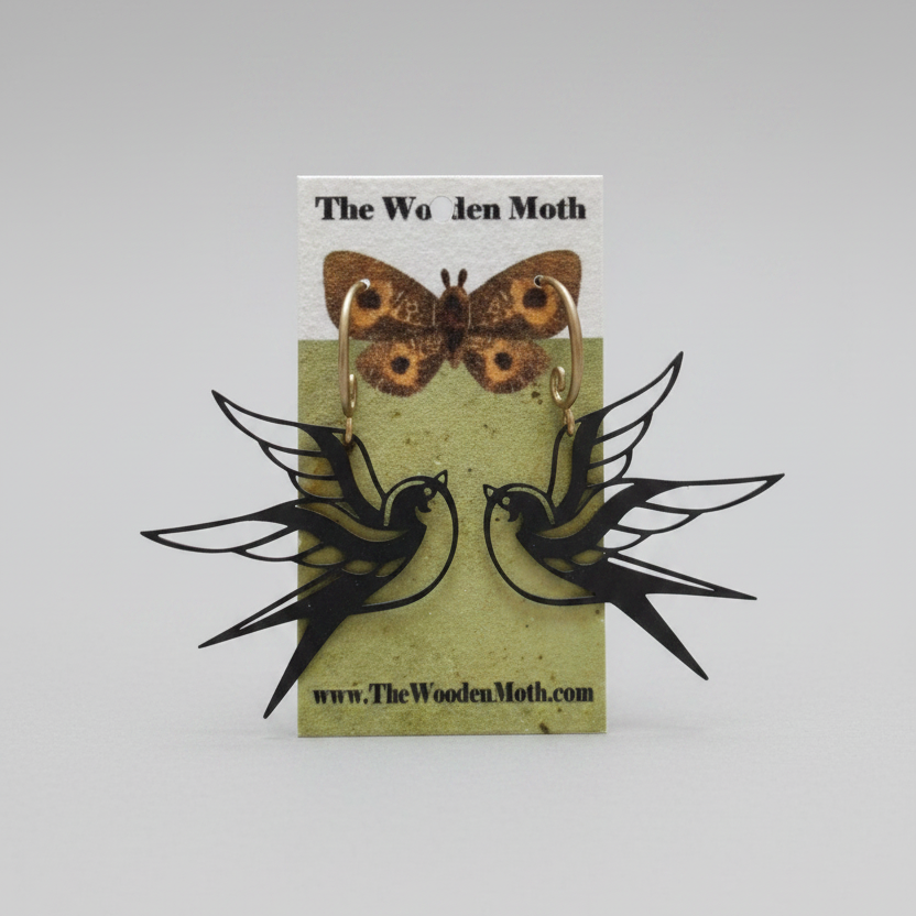 The Wooden Moth Brass Earrings Black Swallow Old School Tattoo