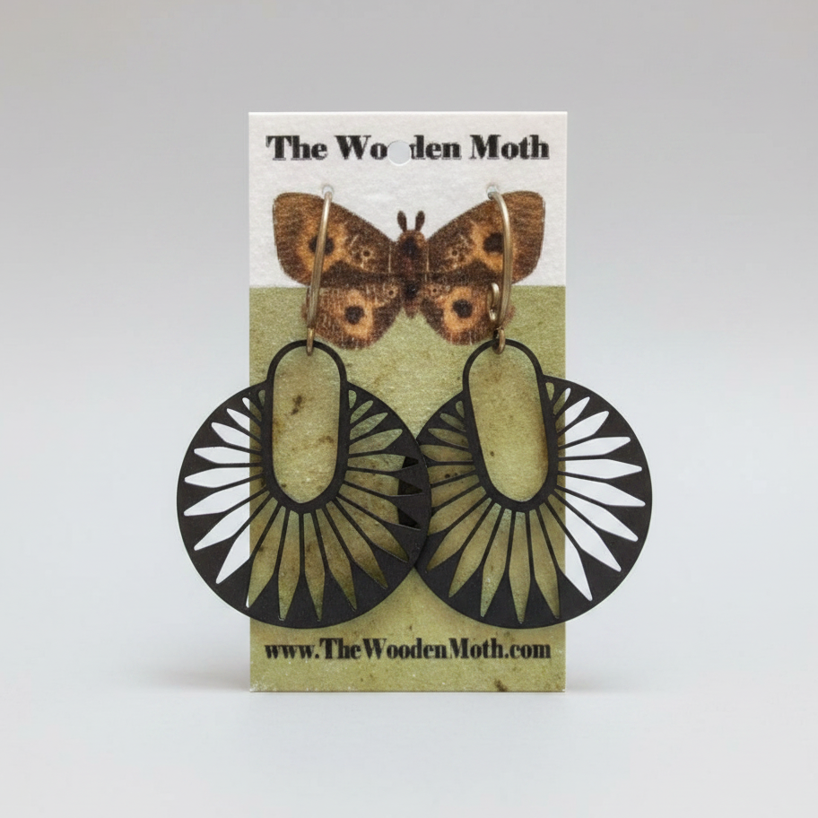 The Wooden Moth Brass Earrings Black Art Deco Fan