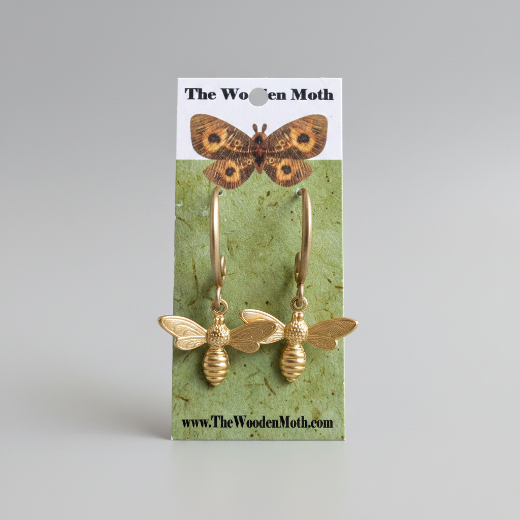 The Wooden Moth Brass Earrings Small Bee