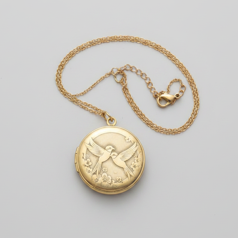 Engraved Brass Locket W/Chain 27mm Swallows