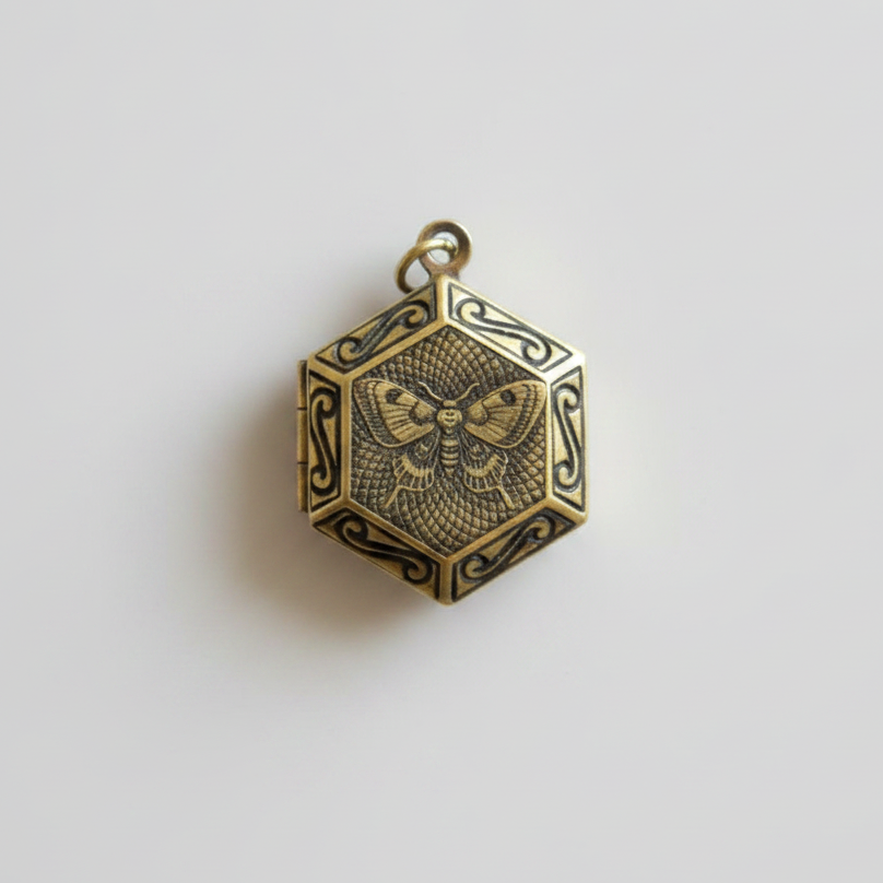 Engraved Brass Locket No Chain Hex Moth On Sunflower