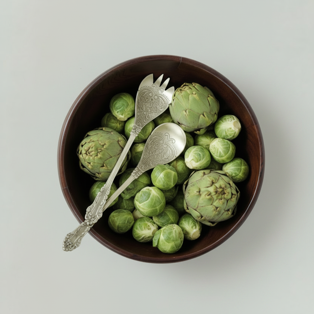 A top-down view of a dark brown wooden salad bowl containing artichokes and green beans, with two ornate  serving spoons resting inside.